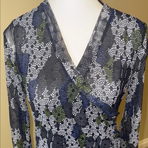 Tribal Blouse Sheer Blue Green White Cross Front Ruching Fitted Women’s Size M - Picture 3 of 11
